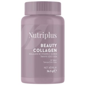 Nutriplus Beauty Collagen je dodatak ishrani sa mešavinom hidrolizata goveđeg kolagena tipa 1 i 3 (1000mg po jednoj tableti) i vitamina C, namenjen koži. Vitamin C doprinosi održavanju normalnog energetskog metabolizma, smanjenju umora i iscrpljenosti, normalnom formiranju kolagena potrebnog za normalnu funkciju kože, krvnih sudova, hrskavice, kostiju, zuba, desni i zaštiti ćelija od oksidativnog stresa. Upotreba: Preporučuje se da odrasli konzumiraju 2 tablete dnevno. Pogodno za starije od 18 godina. Preporučene doze se ne smeju prekoračiti. Poseban oprez pri uzimanju savetuje se trudnicama, dojiljama i pacijentima koji uzimaju lekove. Bez konzervansa i boja.