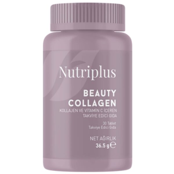 Nutriplus Beauty Collagen je dodatak ishrani sa mešavinom hidrolizata goveđeg kolagena tipa 1 i 3 (1000mg po jednoj tableti) i vitamina C, namenjen koži. Vitamin C doprinosi održavanju normalnog energetskog metabolizma, smanjenju umora i iscrpljenosti, normalnom formiranju kolagena potrebnog za normalnu funkciju kože, krvnih sudova, hrskavice, kostiju, zuba, desni i zaštiti ćelija od oksidativnog stresa. Upotreba: Preporučuje se da odrasli konzumiraju 2 tablete dnevno. Pogodno za starije od 18 godina. Preporučene doze se ne smeju prekoračiti. Poseban oprez pri uzimanju savetuje se trudnicama, dojiljama i pacijentima koji uzimaju lekove. Bez konzervansa i boja.