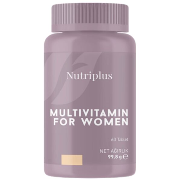 Održite odličnu kondiciju i zavidan nivo energije iz multivitaminske tablete za žene sa čak 25 vitamina i minerala. Nutriplus multivitamini i minerali u formuli dijetetskog suplementa posebno formulisanog za žene,sa vitaminima,mineralima i bioaktivnim jedinjenjima. 25 vitamina i minerala prva su pomoć za borbu sa stresom. Podržavaju zdravlje kostiju,jačaju kosu,kožu i nokte. Preveniraju nastanak anemije. 1 tableta sadrži: Vitamine:  A,B1,B2,B3,B5,B6,B7,B9,B12,C,D,E i K. Minerale:  kalijum,kalcijum,hlor,magnezium,cink,gvožđe,mangan,bakar,hrom,molibden,selen i ekstrakt nevena. Upotreba: Preporučuje se da odrasli konzumiraju 2 tablete dnevno. Pogodno za starije od 18 godina. Preporučene doze se ne smeju prekoračiti. Poseban oprez pri uzimanju savetuje se trudnicama,dojiljama i pacijentima koji uzimaju lekove.